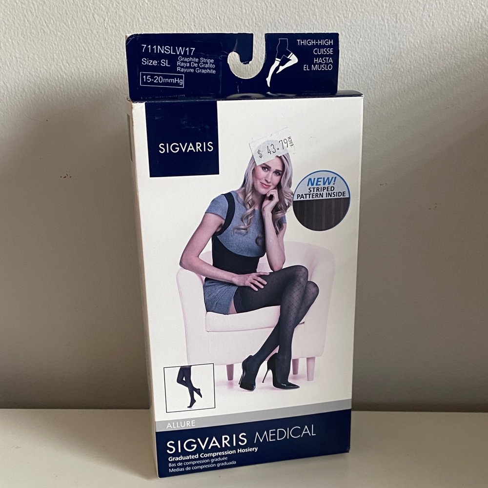 Sigvaris Allure Thigh-High Compression Hosiery - Graphite Stripe Size SL